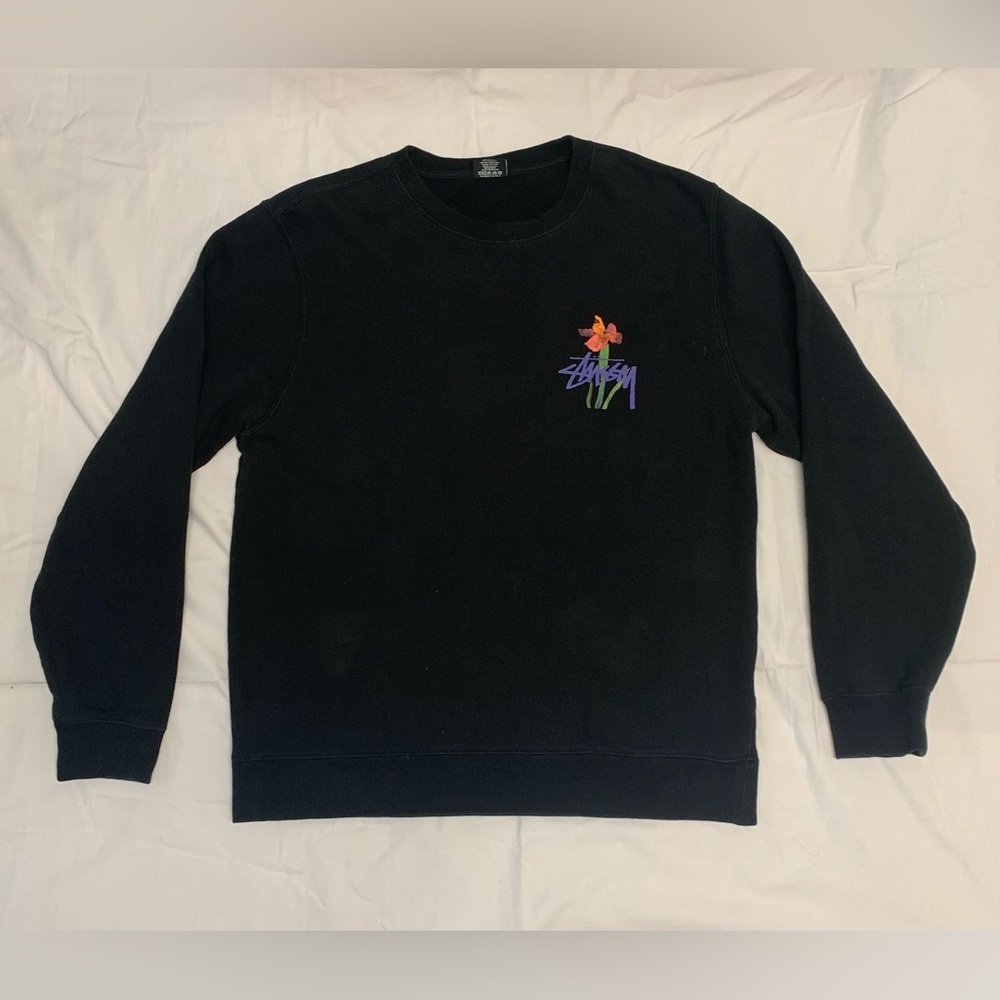 Stussy Water Flowers Crew Black Mens sz Large Pre-owned